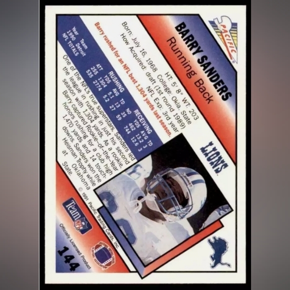 Barry Sanders Detroit Lions Plaque 1991 Pacific Card # 144 - Picture 3 of 4